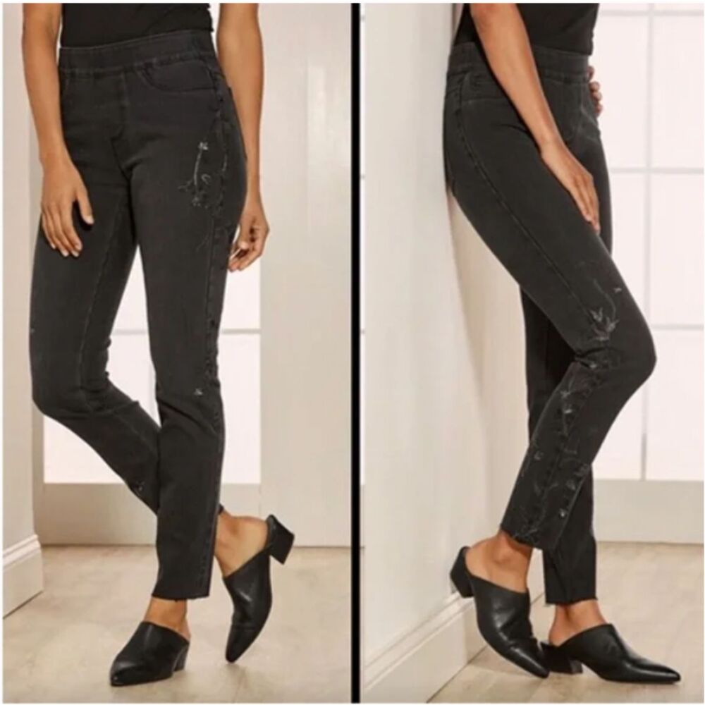 Soft Surroundings Stella Jeans Pull On Black Floral Embroidered Size Small 6-8‎